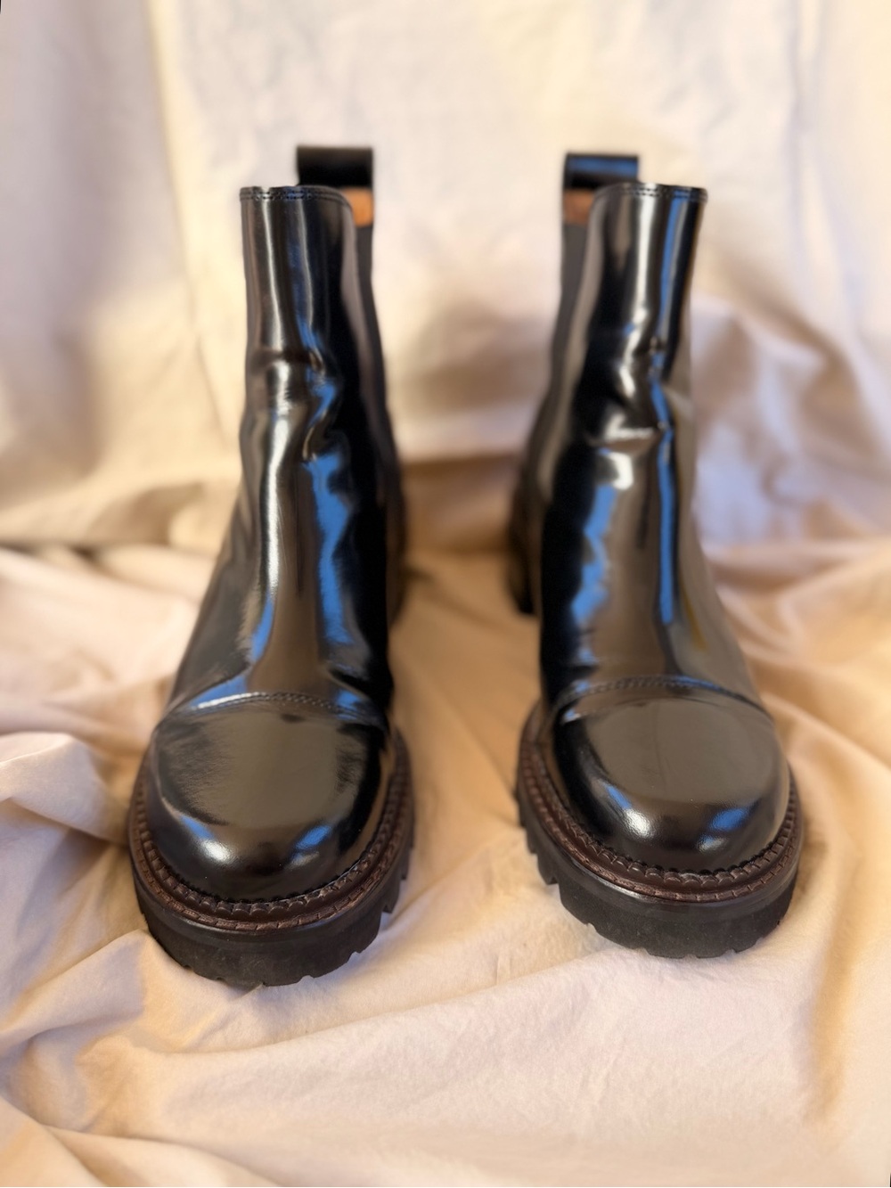 See By Chloé Glossy Black Leather Combat Boots